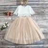 Girls lace sets hollow crochet short sleeve tops +tulle tutu skirts 2pcs kids princess outfits children party clothing A01593