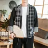 M-5XL Camicia Kimono scozzese vintage taglie forti Uomo Camicia senza colletto cardigan estivo manica lunga streetwear giapponese color block