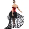 Ensemble 2 pièces pour femme, tenue de Saint-Valentin, robe corset burlesque avec jupe longue en maille et dentelle florale et ourlet à volants, corset rouge