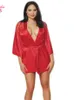 3 pecs Red Sexy Loose Solid Long Sleeve Ladies Hot Causal Women Sexy Sleepwear Nightgown Satin Silk Babydoll Lace Robes Sleep Dress
