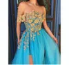 Stylish Side Split Prom Dresses Strapless Neck Beaded Appliqued Evening Gowns A Line Plus Size Sweep Train Tulle Formal Dress 407