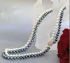 COLLIER DOUBLE RANG 7-8mm VÉRITABLE PERLE BLANCHE NOIRE DE LA MER DU SUD17-18'' 14K