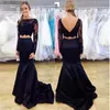 marinblå 2020 Applique Long Backless Two Pieces aftonklänningar Två stycken Sexiga långa ärmar golvlängd sjöjungfrun Party Prom klänningar