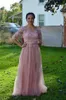 Pół rękaw Elegancka Długa Dress Aplikacja Tulle Prom Dresses Gala Dress Gown Vestidos De Festa Longo