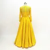 Yellow Hand Made Flowers Pearls Evening Formal Dresses Long Sleeves Applique Lace Ribbon With Bow A-line Empire Waist Prom Dress Mom Dress