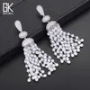 Godki Luxury Imitation Pearls Tassels Long Dangle Earrings For Women Wedding Cubic Zircon Dubai Bridal Silver Drop Earrings 2018 J190718