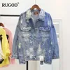 RUGOD New Vintage Letter Print Frayed Jean Jacket Women Autumn Winter Ripped Hole Denim Coat Female Bomber Casaco