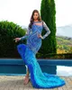 2020 Blue Mermaid Evening Dresses Bateau Neck Beaded Sequins Feather Long Sleeves Prom Dress Ruffle Split Sweep Train Formal Party Gown