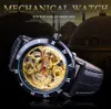 Forining Royal Flower Carving Gear Golden Beweging Echt lederen Romeins nummer Bezel Mens Mechanische horloges Top Brand Luxury296a