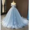 Baby Blue 3d Flores Bordado Prom Quinceanera Vestidos 2021 Barato Vestidos de Bola Off Ombro Espartilho Voltar Doce 15 Vestido Vestido de Novia