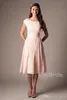 Light Pink Lace Curto Modest Vestidos dama Cap mangas colher A-Line Wedding Vintage Guests Dresses Maids informais de honra Vestidos