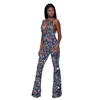 Womens Sexy Flare Pants Vintage Ethnic Print Deep V Neck Long Pants Off Back Cut Out Casual Jumpsuit Romper Size (S-2XL)