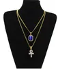 Novo Designer Egípcio Ankh Key of Life Bling Rhinestone Cross Pingente Com Vermelho Rubi Pingente Colar Conjunto Homens Jóias Hip Hop