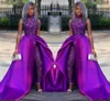 2020 Suits Partido Africano vestidos clássico roxo macacões Prom Dresses Trem Com destacável alta Neck Lace Appliqued Bead Evening Mulheres Pant