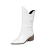 Buty Kobiety Prawdziwej Skóry White Mid-Calf Square High Heel Short Spiczaste Toe Jakość Western Riding 6261-1