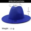 2020 New Royal Blue Red Patchwork Faux Wool Felt Fedora Hats with Thin Belt Buckle Men Women Large Brim Panama Trilby Jazz Cap7773292