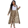 Women 2 Piece Pants Outfit Leopard Floral Long Sleeve Open Front Kimono Cardigan and Bodycon High Waisted Long Pants Clubwear