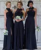 Dark Navy Bridesmaid Dresses Halter Lace Long Neck Bridesmaids Dress Chiffon Split Front Long Floor Length Formal Party Evening Gowns