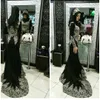Siyah Müslüman Abiye 2019 Arapça Uzun Kollu Dantel Aplikler Denizkızı Örgün törenlerinde Prom Parti Giyim