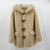 Venta al por mayor-Señoras Abrigo con capucha de lana merina Abrigo de terciopelo esponjoso de invierno Mujer Manga larga Suelta Dulce Chaqueta cortavientos linda Abrigo beige