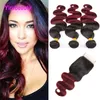 Indian Virgin Hair Two Tone 1B/99J Body Wave 4 Stuks/partij Bundels Met 4X4 Vetersluiting Middelste Drie Gratis Deel