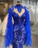 2019 Royal Blue Prom Dress Pizzo Appliqued Perle Piuma Sparkly Mermaid Abiti da sera Abiti da festa Abiti da spettacolo sexy con collo alto africano