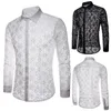 2020 Mens Luxo Mens Floral Bordado Lace Camisa Homens Sexy Longa Manga Sólida Cor Lace ver através Clubwear Camisa Down