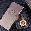 Forsining clássico real retro série de luxo caso dourado oco esqueleto dial couro marrom dos homens relógio automático marca superior luxo8921406