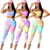 Adfvat arco-íris tingido tintura impresso dois pedaços conjunto mulheres sexy espaguete cinta top colheita empilhado legging calça outfit casual de3167