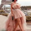 High Low Party Dresses With Sash Strapless Dusty Pink Tulle Puffy Cocktail Dress Tiered Custom Made Chic Prom Dress For PhotoShoot