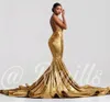 Elegant Halter Velvet Mermaid Prom Dresses 2020 Lace Applique Backless Sweep Train Evening Gowns vestido de festa BC3352