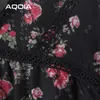 BOHO Seksi Siyah Kadın Şifon Bluzlar Uzun Kollu Puf Kollu Çiçek Şeffaf Bayanlar Bluz Gömlek 2020 Bahar Giyim