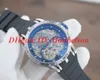 Novo RDDBEX0481 Relógio dos homens Skeleton Dial Azul camada interna Caixa de aço inoxidável oco Pulseira de borracha Movimento automático duplo turbilhão 47mm