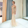 Gold Shining Mermaid Prom Dresses Beaded Crystals Sequins Evening Gowns Custom Made Evening Dresses V-Neck Zipper Back Party Gowns HY004