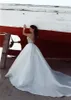2019 en linje ren långärmad satin strand land billig bröllopsklänningar långa tåg två stycken sexiga bröllop brudklänningar med bottoner