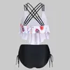 Bikini Set Feather Bandeau Tank Top Back Cross LHigh Waist Black Bandage Buttom Tankini Swimsuit Women Beach Bathing Suit