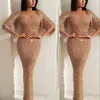 New Rose Gold Arabic New Sexy Sequins Lace Evening Dresses Illusion Jewel Neck With Tassels Mermaid Sequined Floor Length Formal P243A