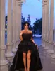 2019 cheap High Low Black Lace Prom Dresses strapless Sexy Off Shoulder Sweep Train backless Evening Party Gowns Special Occasion Dress