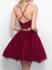 Burgundy Appliques Tulle Homecoming Dresses Beaded Piping Formal Party Gowns Two Pieces Short Prom Dresses 8th Grade Girls Cocktail Dresses