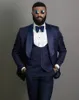 Navy Blue Embossing Groom Tuxedos Shawl Lapel Groomsman Bröllop 3 Piece Suit Män Business Prom Jacka Blazer (Jacka + Byxor + Tie + Vest) 86