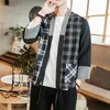 M-5XL grande taille Vintage Plaid Kimono chemise hommes bloc de couleur japonais Streetwear à manches longues été Cardigan sans col chemise