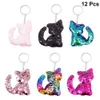 12st Cat Keychains Färgglada Sequins Glitter Key Holder Nyckelring Kedja för bilnyckel Mobiltelefon Tygväska Handväska Charms