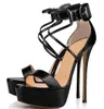 Woman Black Gold Pink Matte Leather One Line Platform Sandals Super Thin Heels Cross Buckle Strap Party Sandals Shoes