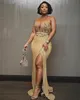 Arabiska Halter Sequins Lace Mermaid Long Aftonklänningar 2020 Tulle Beaded Rhinestones Split Sweep Train Formell Prom Party Dresses