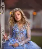 Ciel bleu princesse fleurs filles robes pour mariage à manches longues appliques perles robe de bal enfants Pageant robes première robe de sainte communion