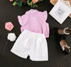Kids Designer Clothes Girls Striped T Shirts White Shorts 2pcs Sets Flying Sleeve Tops Short Pants Suits Boutique Kids Clothing DW3810