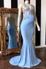 Sexy Cheap Sky Blue Mermaid Pregnant Prom Dresses Silver Appliques Beaded Sweep Train Halter V Neck Backless Formal Party Evening Gowns