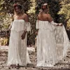 Mode bohemian plus size spets bröllopsklänningar från axeln korta ärmar strand brudklänningar en linje golvlängd boho vestido de novia 407