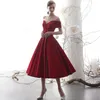 Dark Red Vintage Tea Length A-line Modest Wedding Dresses Off the Shoulder Simple 1950s 60s Informal Bridal Gowns 2019 New Custom Made