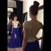 Seksowne Długie Bling Suknie Wieczorowe Nosić Rękawy Czapki Illusion Szyfon Kryształ Koraliki Royal Blue Pink Side Split Sheer Back Party Dress Prom Suknie